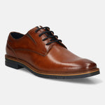 Men's Bugatti derby cognac leather shoes with a round toe and plain toe featuring a stacked heel , a tpr outsole , and laces fastening.