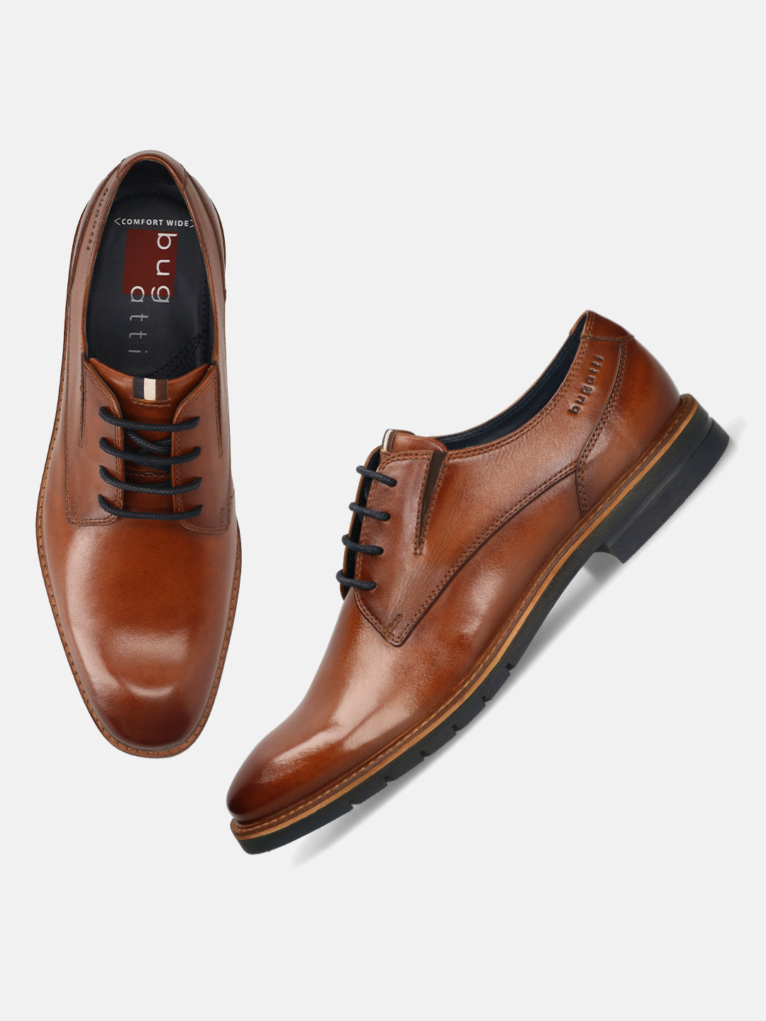 Men's Bugatti derby cognac leather shoes with a round toe and plain toe featuring a stacked heel , a tpr outsole , and laces fastening.