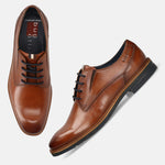 Men's Bugatti derby cognac leather shoes with a round toe and plain toe featuring a stacked heel , a tpr outsole , and laces fastening.