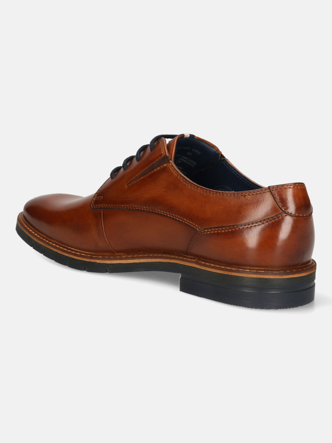 Men's Bugatti derby cognac leather shoes with a round toe and plain toe featuring a stacked heel , a tpr outsole , and laces fastening.