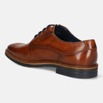 Men's Bugatti derby cognac leather shoes with a round toe and plain toe featuring a stacked heel , a tpr outsole , and laces fastening.