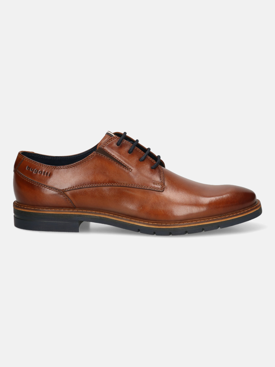 Men's Bugatti derby cognac leather shoes with a round toe and plain toe featuring a stacked heel , a tpr outsole , and laces fastening.