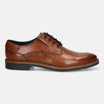Men's Bugatti derby cognac leather shoes with a round toe and plain toe featuring a stacked heel , a tpr outsole , and laces fastening.