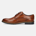 Men's Bugatti derby cognac leather shoes with a round toe and plain toe featuring a stacked heel , a tpr outsole , and laces fastening.