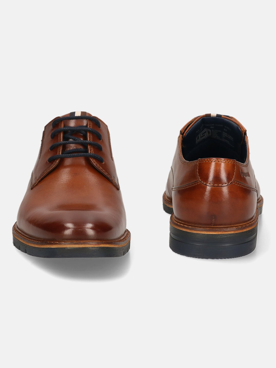 Men's Bugatti derby cognac leather shoes with a round toe and plain toe featuring a stacked heel , a tpr outsole , and laces fastening.