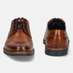 Men's Bugatti derby cognac leather shoes with a round toe and plain toe featuring a stacked heel , a tpr outsole , and laces fastening.