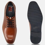 Men's Bugatti derby cognac leather shoes with a round toe and plain toe featuring a stacked heel , a tpr outsole , and laces fastening.