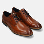 Men's Bugatti derby cognac leather shoes with a round toe and plain toe featuring a stacked heel , a tpr outsole , and laces fastening.