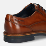 Men's Bugatti derby cognac leather shoes with a round toe and plain toe featuring a stacked heel , a tpr outsole , and laces fastening.