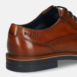Men's Bugatti derby cognac leather shoes with a round toe and plain toe featuring a stacked heel , a tpr outsole , and laces fastening.