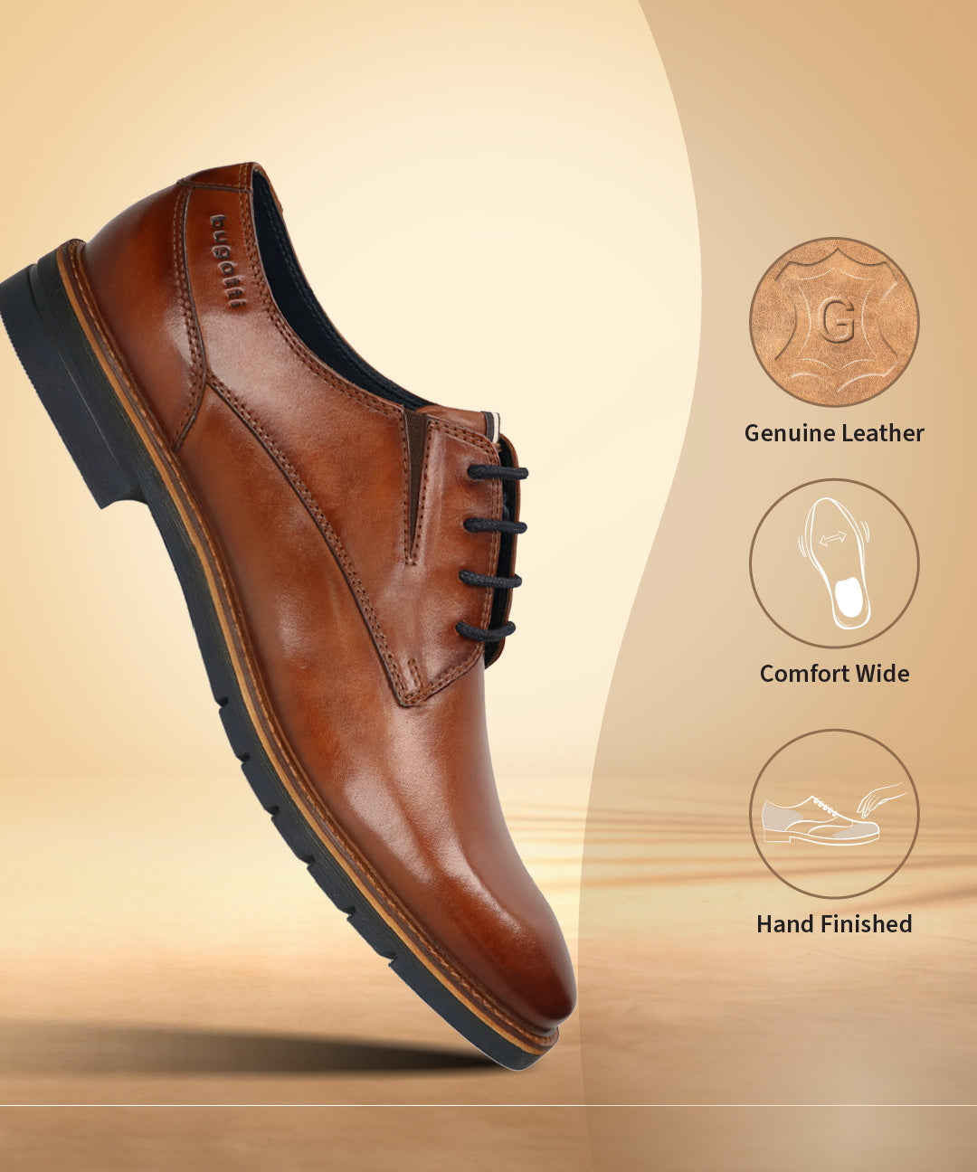 Men's Bugatti derby cognac leather shoes with a round toe and plain toe featuring a stacked heel , a tpr outsole , and laces fastening.