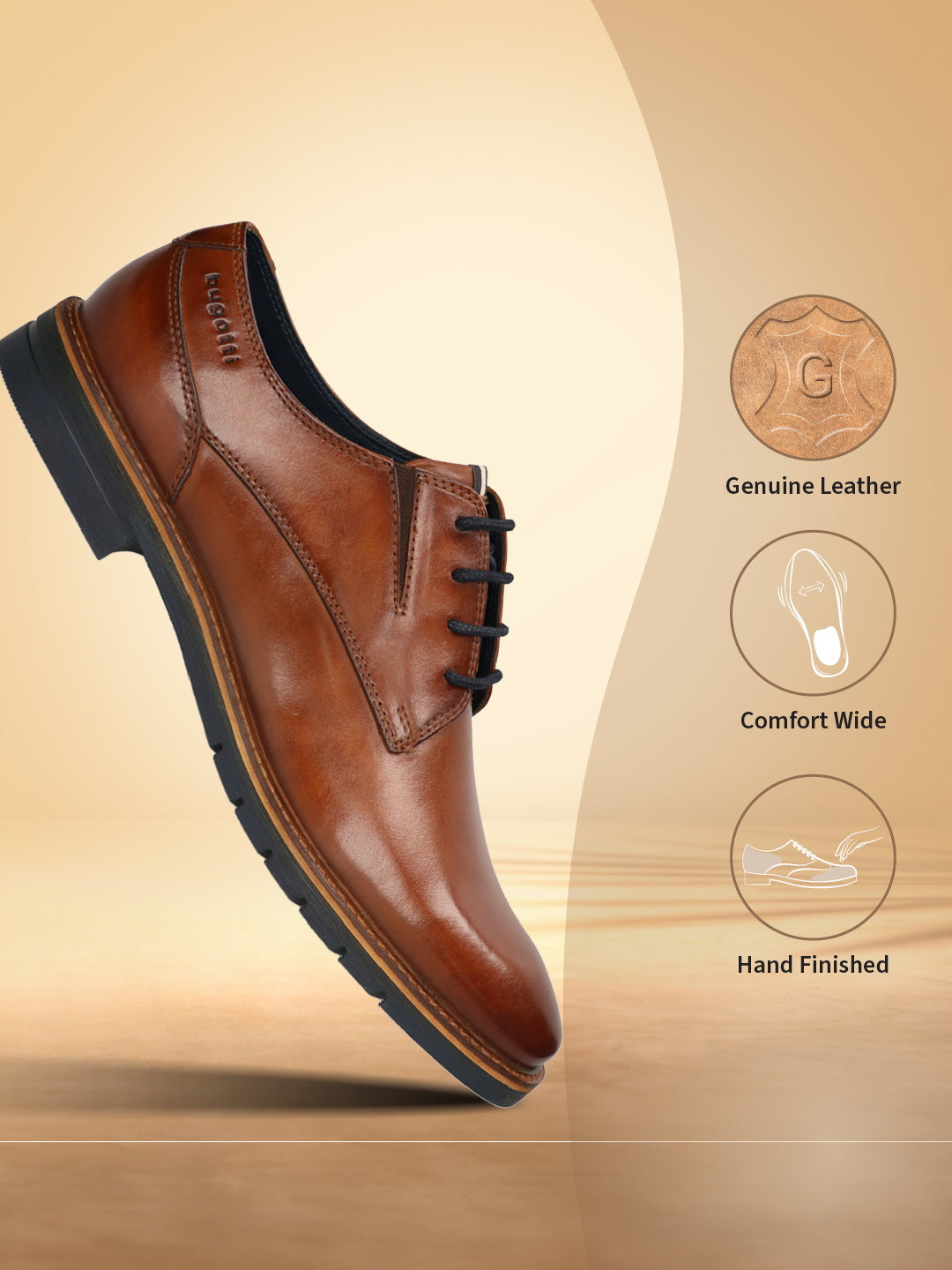 Men's Bugatti derby cognac leather shoes with a round toe and plain toe featuring a stacked heel , a tpr outsole , and laces fastening.