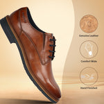 Men's Bugatti derby cognac leather shoes with a round toe and plain toe featuring a stacked heel , a tpr outsole , and laces fastening.