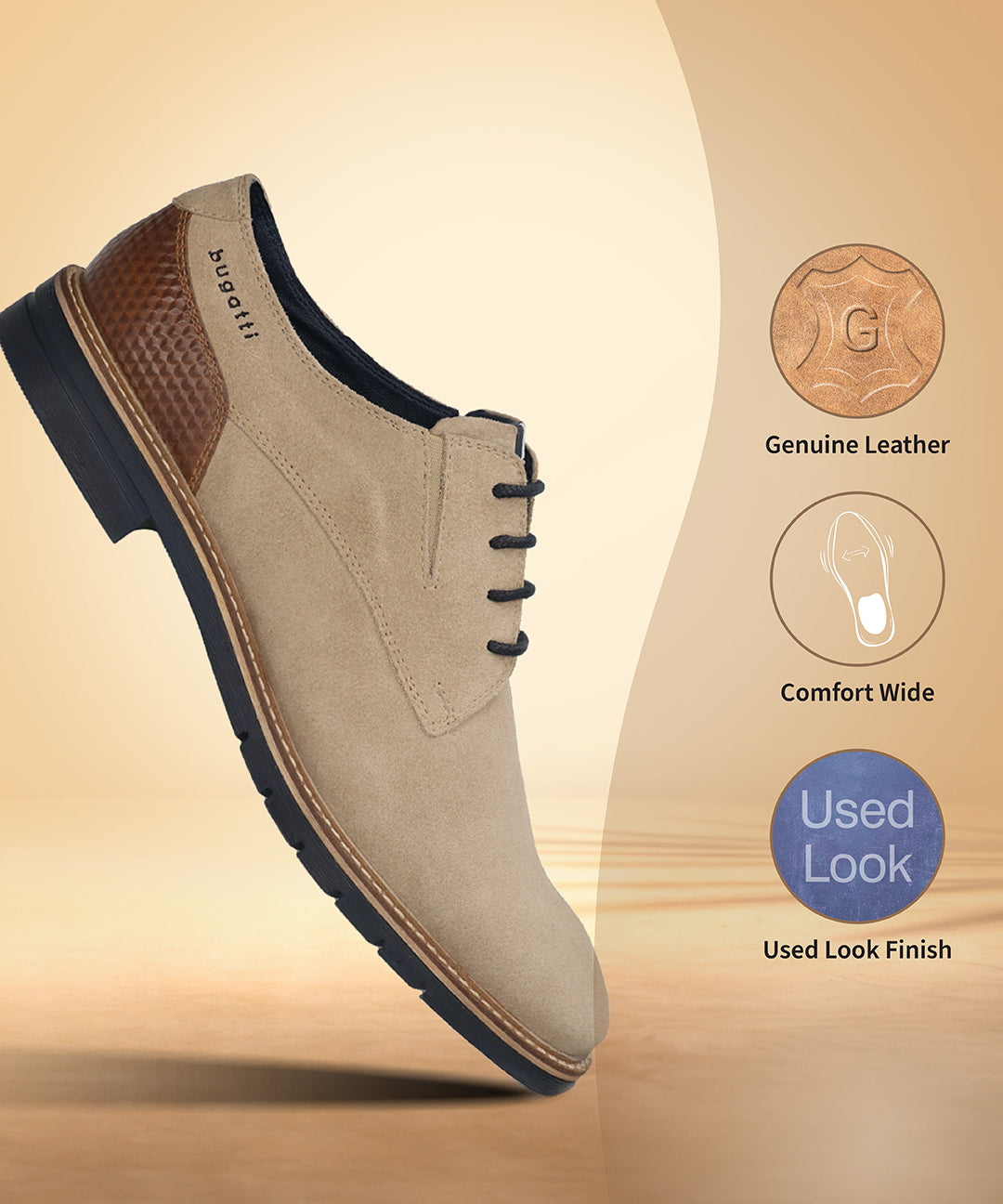 Men's Bugatti derby beige leather shoes with a round toe and plain toe featuring a stacked heel , a tpr outsole , and laces fastening.