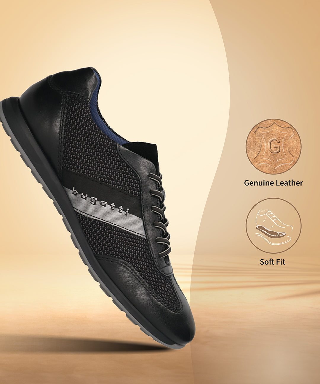 Men's Bugatti leather black leather shoes with a round toe , a tpr outsole , and laces fastening.