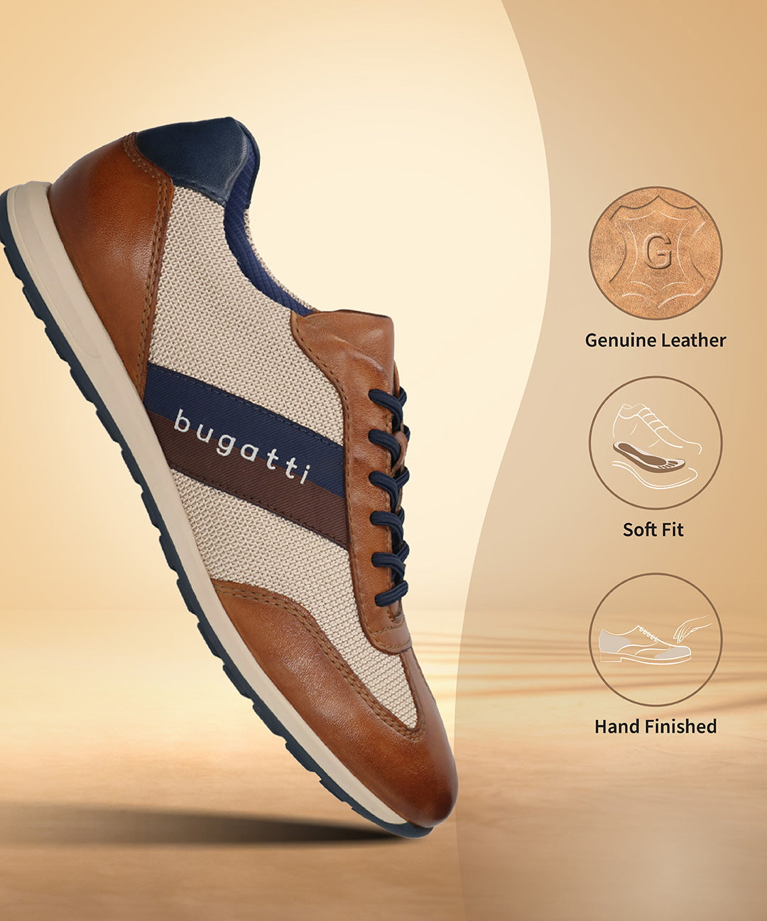 Men's Bugatti leather cognac leather shoes with a round toe , a tpr outsole , and laces fastening.