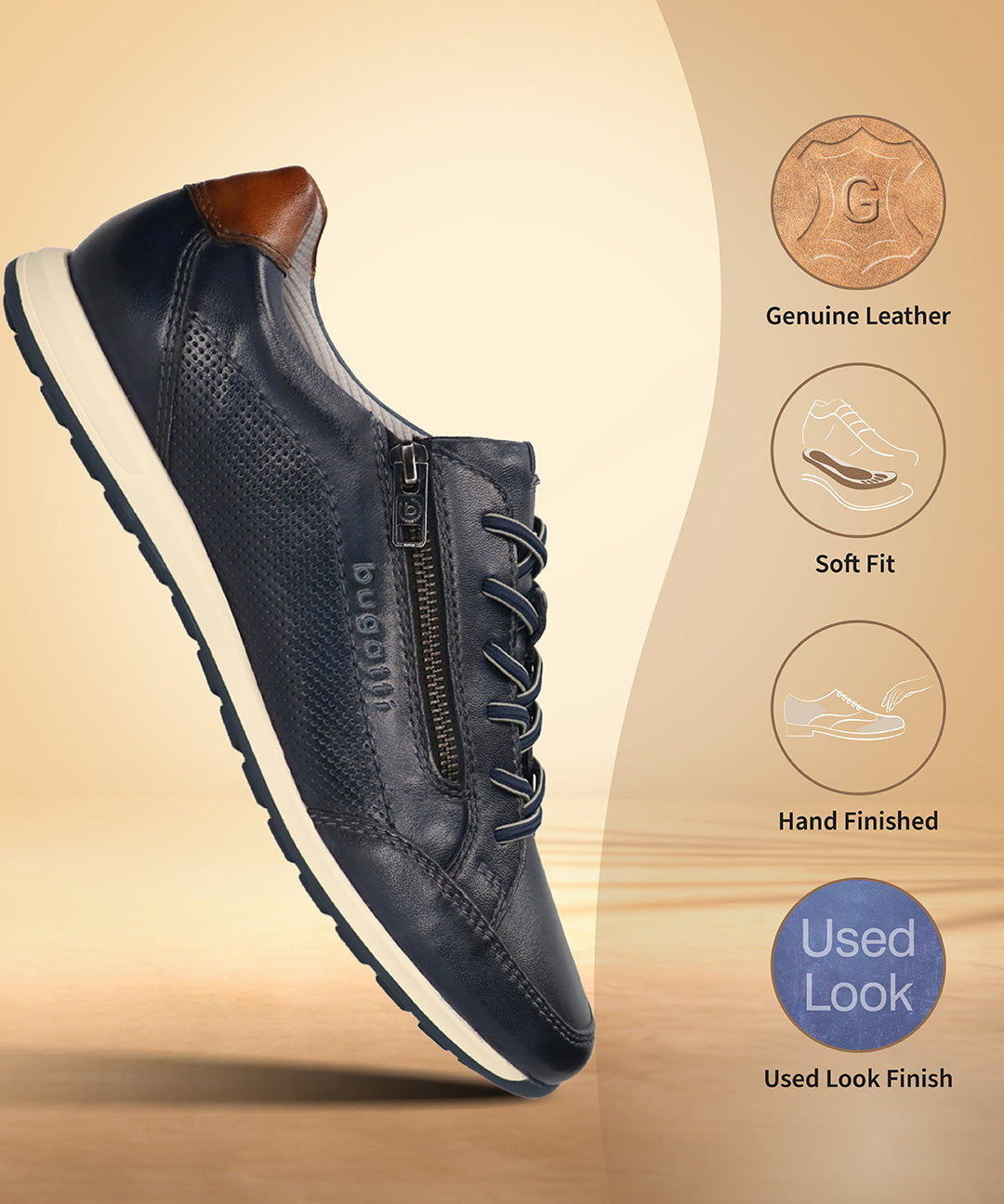 Men's Bugatti leather blue leather shoes with a round toe , a tpr outsole , and laces fastening.