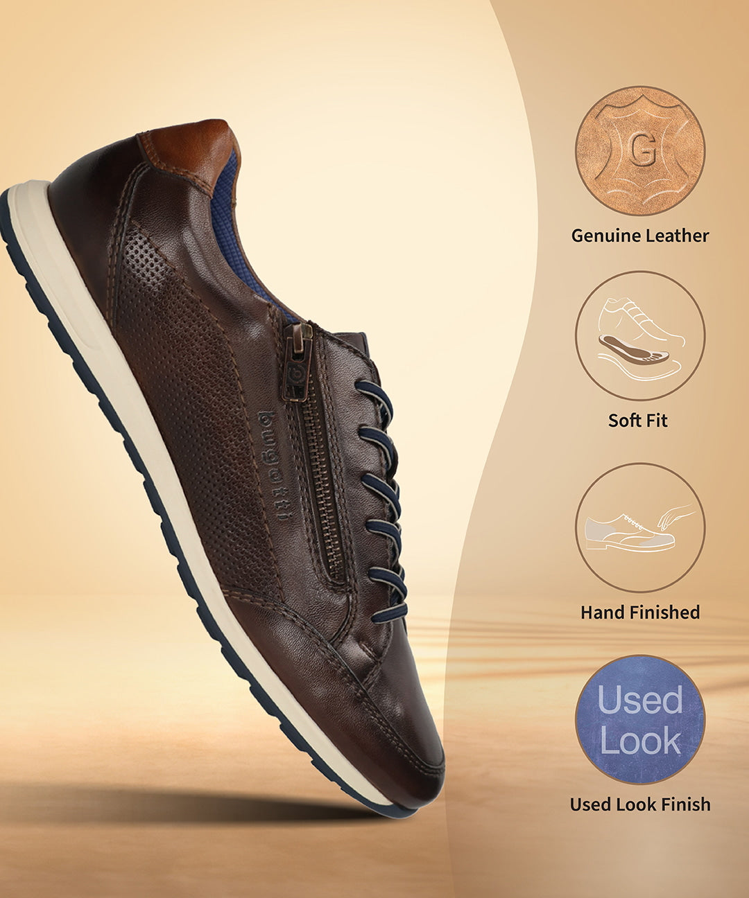 Men's Bugatti leather brown leather shoes with a round toe , a tpr outsole , and laces fastening.