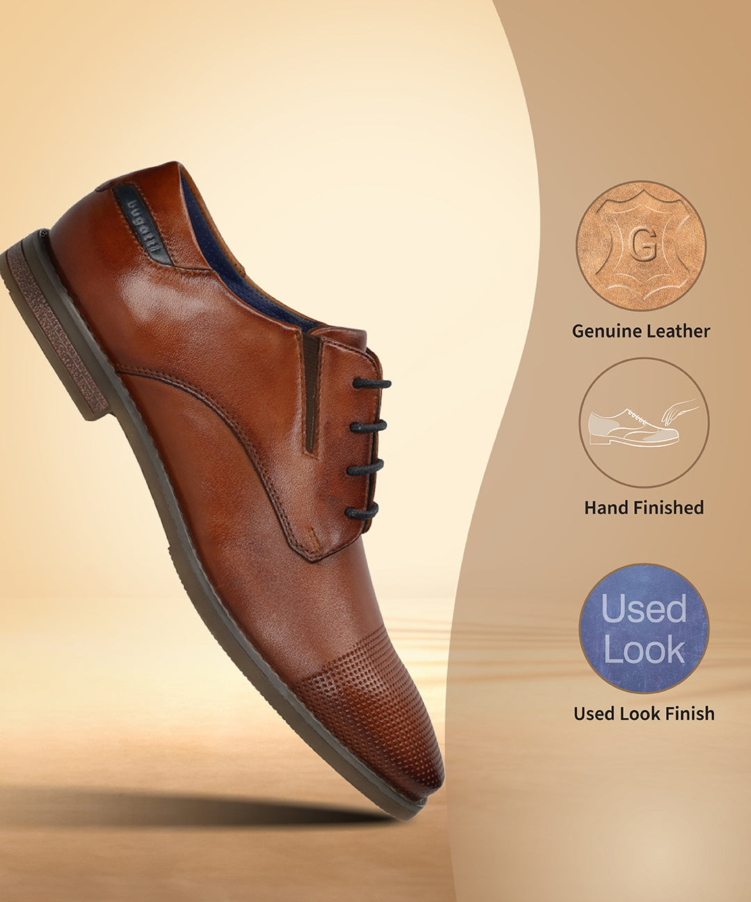 Men's Bugatti derby cognac leather shoes with a pointed toe and plain toe featuring a moulded heel , a tpr outsole , and laces fastening.