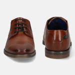 Men's Bugatti derby cognac leather shoes with a pointed toe and plain toe featuring a moulded heel , a tpr outsole , and laces fastening.