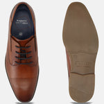 Men's Bugatti derby cognac leather shoes with a pointed toe and plain toe featuring a moulded heel , a tpr outsole , and laces fastening.