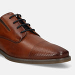 Men's Bugatti derby cognac leather shoes with a pointed toe and plain toe featuring a moulded heel , a tpr outsole , and laces fastening.