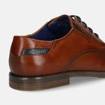 Men's Bugatti derby cognac leather shoes with a pointed toe and plain toe featuring a moulded heel , a tpr outsole , and laces fastening.