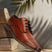 Men's Bugatti derby cognac leather shoes with a pointed toe and plain toe featuring a moulded heel , a tpr outsole , and laces fastening.