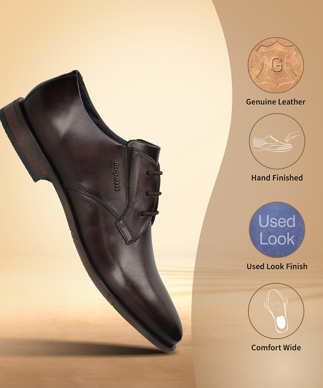 Men's Bugatti derby brown leather shoes with a pointed toe and plain toe featuring a moulded heel , a tpr outsole , and laces fastening.