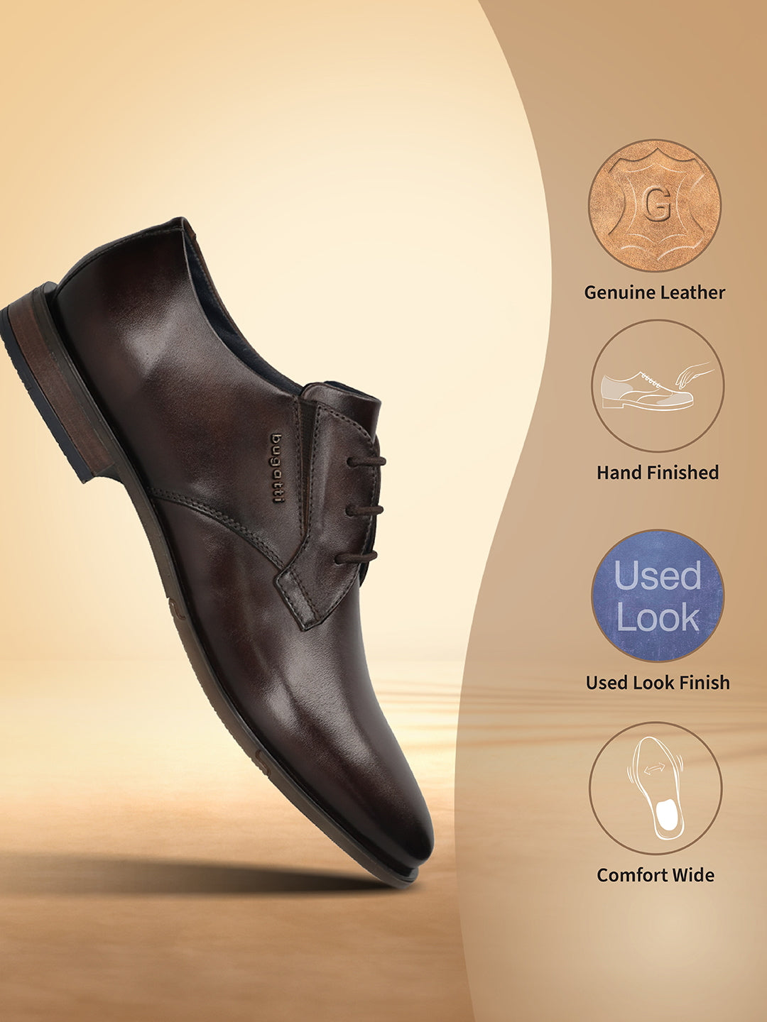 Men's Bugatti derby brown leather shoes with a pointed toe and plain toe featuring a moulded heel , a tpr outsole , and laces fastening.