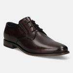 Men's Bugatti derby brown leather shoes with a pointed toe and plain toe featuring a moulded heel , a tpr outsole , and laces fastening.