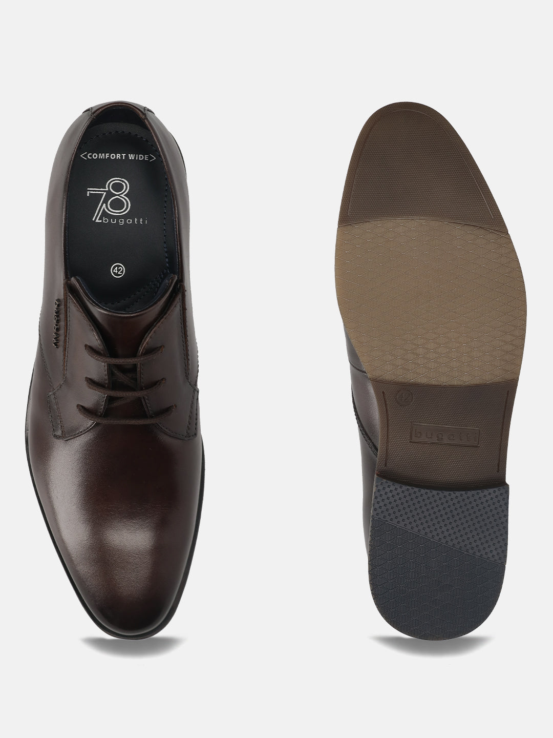 Men's Bugatti derby brown leather shoes with a pointed toe and plain toe featuring a moulded heel , a tpr outsole , and laces fastening.