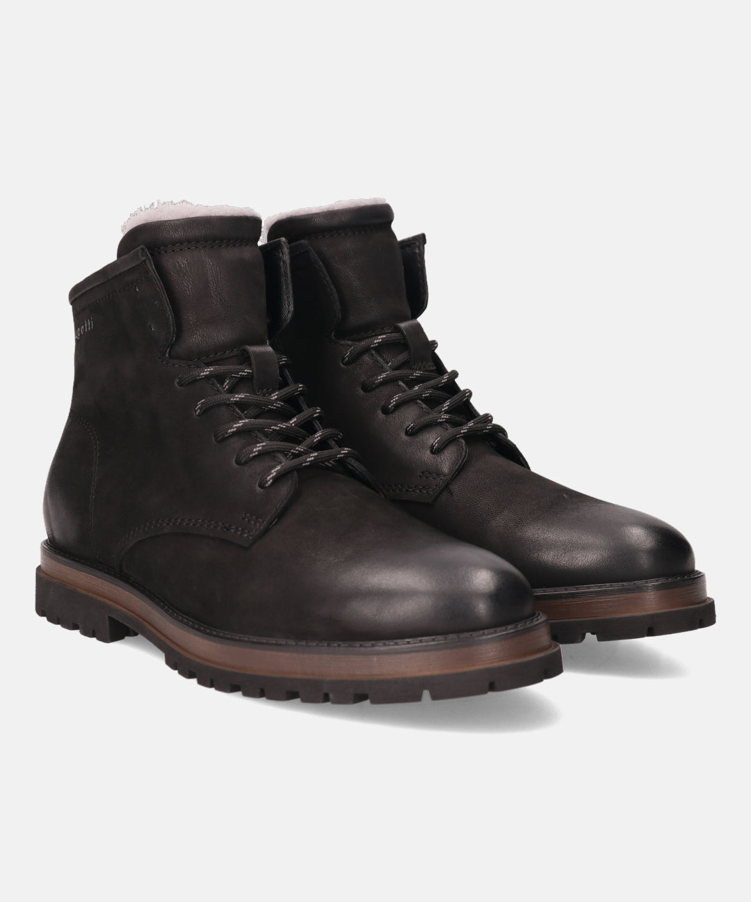 A black Men's bugatti Ankle Boots featuring a round toe plain toe, stacked heel, and a wide fit. Made from nubuck leather with a durable eva outsole, this laces design offers both style and comfort.