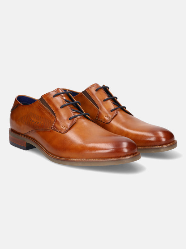 A cognac Men's bugatti Derby featuring a round plain toe, moulded  heel. Made from premium genuine leather with a durable tr outsole, this laces design offers both style and comfort.
