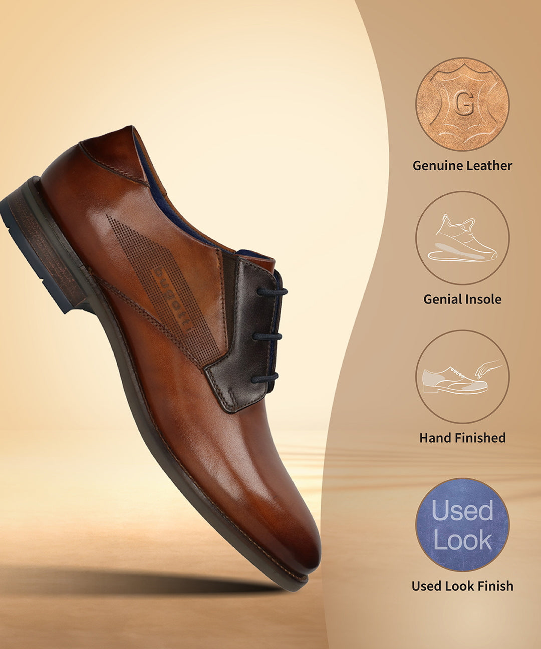 Men's Bugatti derby cognac leather shoes with a pointed toe and plain toe featuring a moulded heel , a tpr outsole , and laces fastening.