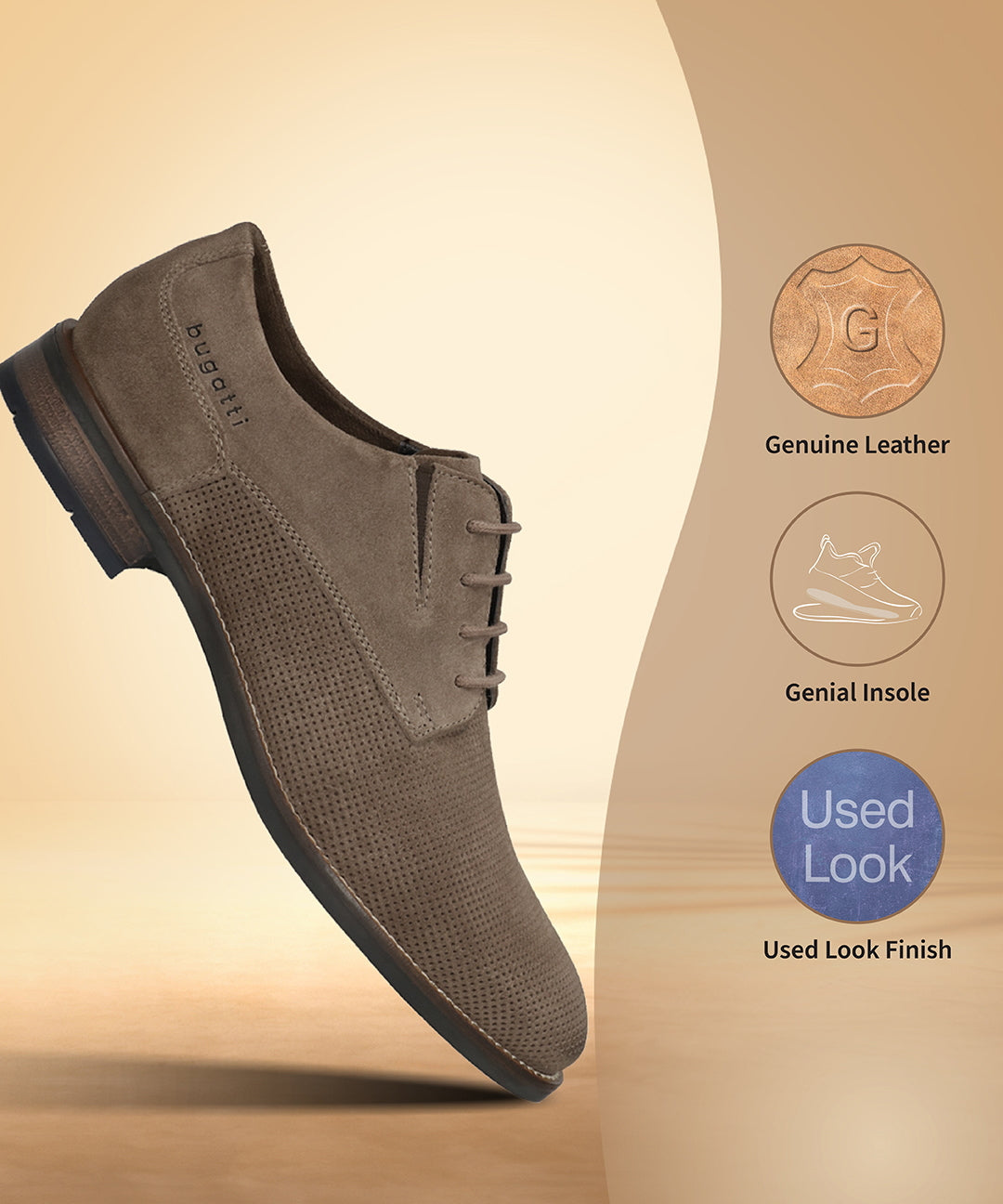 Men's Bugatti derby beige leather shoes with a pointed toe and plain toe featuring a moulded heel , a tpr outsole , and laces fastening.