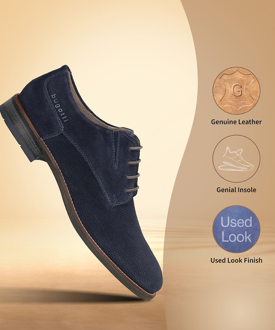 Men's Bugatti derby blue leather shoes with a pointed toe and plain toe featuring a moulded heel , a tpr outsole , and laces fastening.