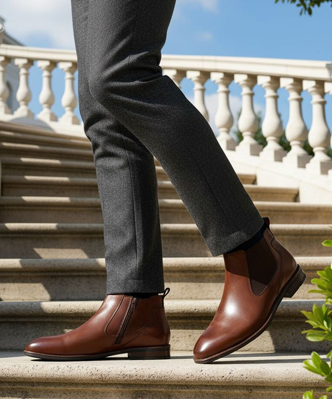 bugatti Amros Cognac Premium Leather Comfort Chelsea Boots with side zipper, worn with grey slacks on stairs.

