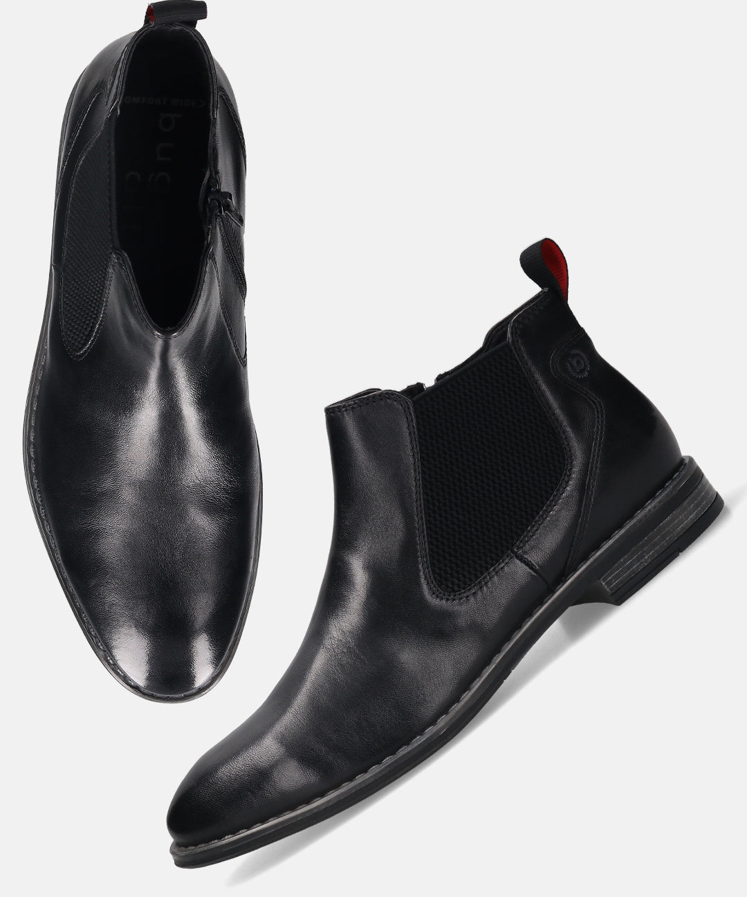 bugatti Amros Black Premium Leather Comfort Chelsea Boots with a red pull tab at the back.