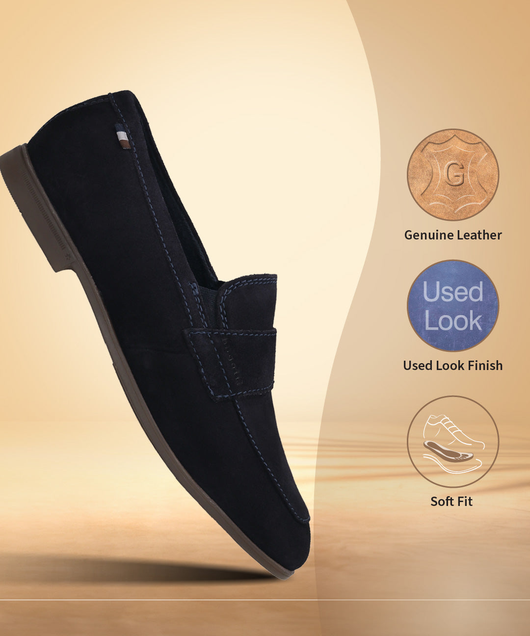 Men's Bugatti penny loafer blue leather shoes with a pointed toe and apron toe featuring a stacked heel , a tpr outsole.