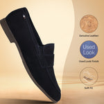 Men's Bugatti penny loafer blue leather shoes with a pointed toe and apron toe featuring a stacked heel , a tpr outsole.