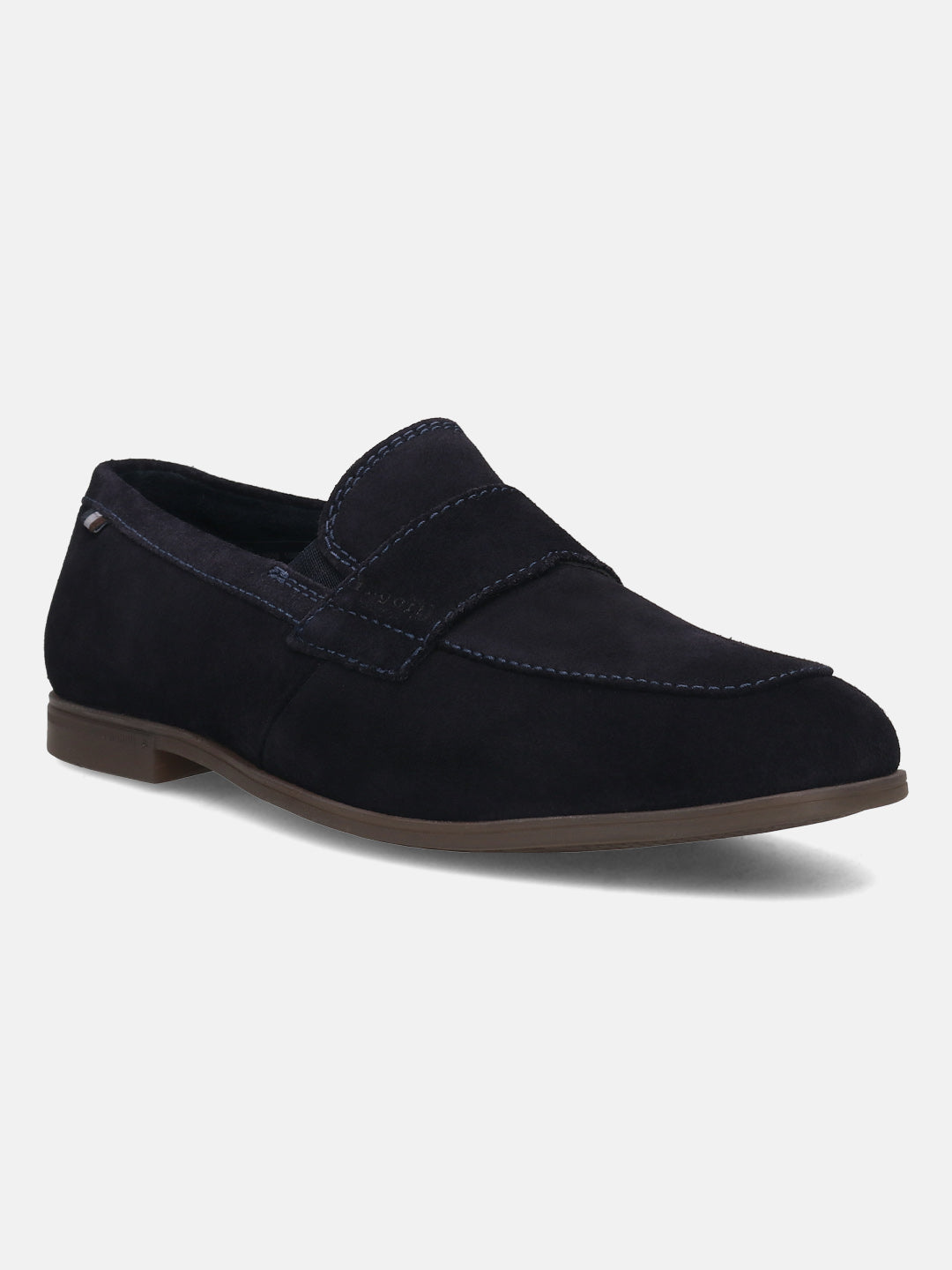 Men's Bugatti penny loafer blue leather shoes with a pointed toe and apron toe featuring a stacked heel , a tpr outsole.