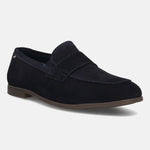 Men's Bugatti penny loafer blue leather shoes with a pointed toe and apron toe featuring a stacked heel , a tpr outsole.