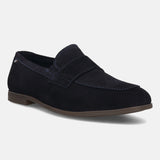 Men's Bugatti penny loafer blue leather shoes with a pointed toe and apron toe featuring a stacked heel , a tpr outsole.