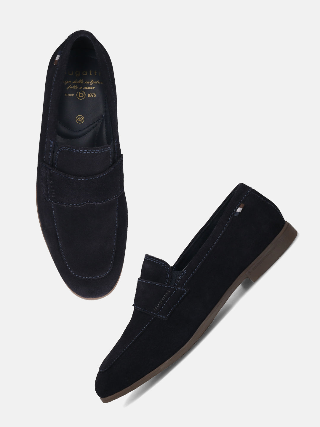 Men's Bugatti penny loafer blue leather shoes with a pointed toe and apron toe featuring a stacked heel , a tpr outsole.