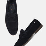 Men's Bugatti penny loafer blue leather shoes with a pointed toe and apron toe featuring a stacked heel , a tpr outsole.