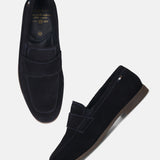 Men's Bugatti penny loafer blue leather shoes with a pointed toe and apron toe featuring a stacked heel , a tpr outsole.