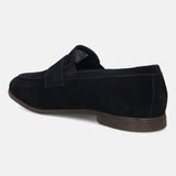 Men's Bugatti penny loafer blue leather shoes with a pointed toe and apron toe featuring a stacked heel , a tpr outsole.