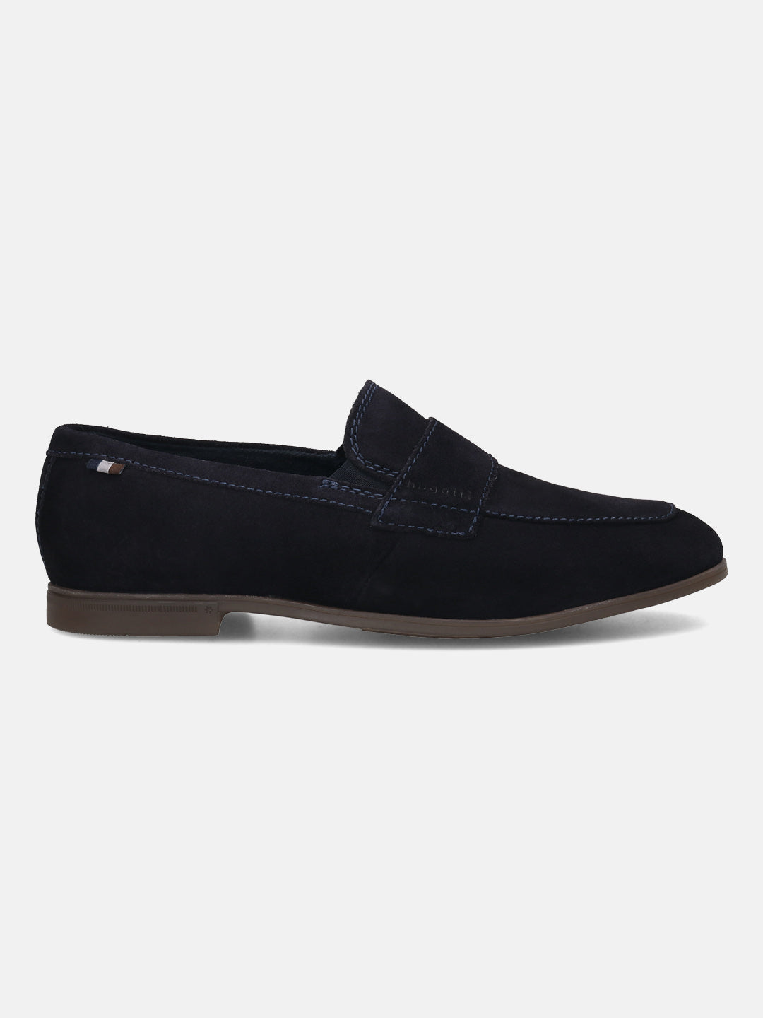 Men's Bugatti penny loafer blue leather shoes with a pointed toe and apron toe featuring a stacked heel , a tpr outsole.