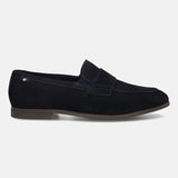 Men's Bugatti penny loafer blue leather shoes with a pointed toe and apron toe featuring a stacked heel , a tpr outsole.